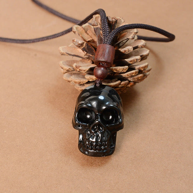 Buddha Stones Black Obsidian String Skeleton Fulfilment Necklace Pendant