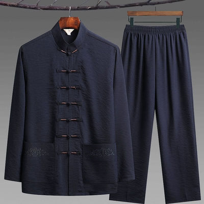 Buddha Stones 2Pcs Plain Tang Suit Men's Frog-Button Long Sleeve Shirt Pants Set Men's Meditation Cloth BS SteelBlue 2Pcs Set US/UK/AU44，EU54 (4XL)