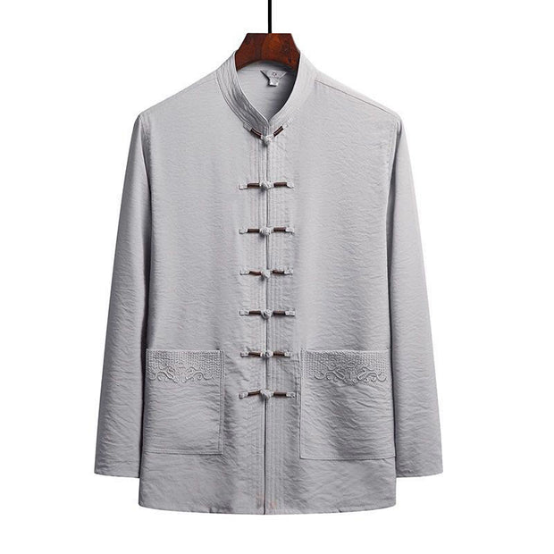 Buddha Stones 2Pcs Plain Tang Suit Men's Frog-Button Long Sleeve Shirt Pants Set Men's Meditation Cloth BS LightGrey Shirt US/UK/AU44，EU54 (4XL)