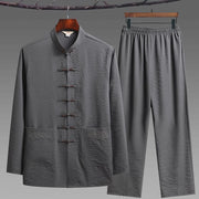 Buddha Stones 2Pcs Plain Tang Suit Men's Frog-Button Long Sleeve Shirt Pants Set - Gray - 2Pcs Set - US/UK/AU44，EU54 (4XL) - image 2