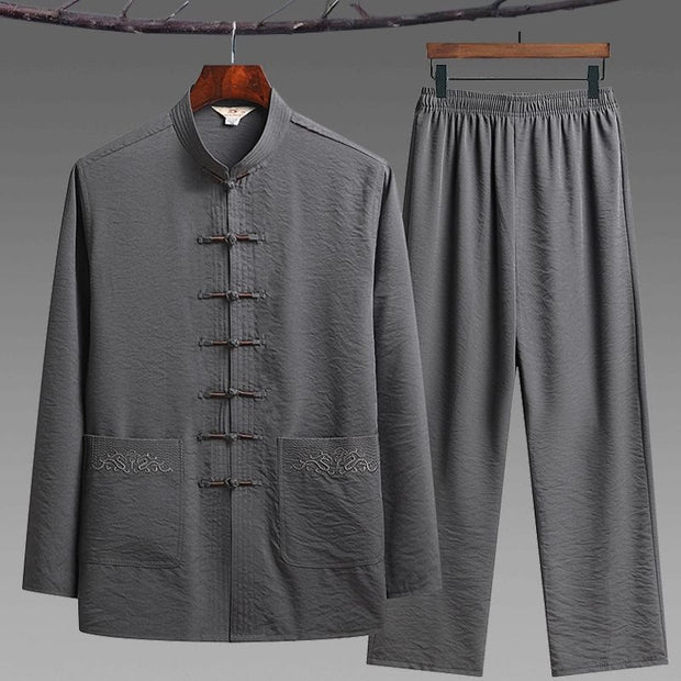 Buddha Stones 2Pcs Plain Tang Suit Men's Frog-Button Long Sleeve Shirt Pants Set - Gray - 2Pcs Set - US/UK/AU44，EU54 (4XL) - image 2