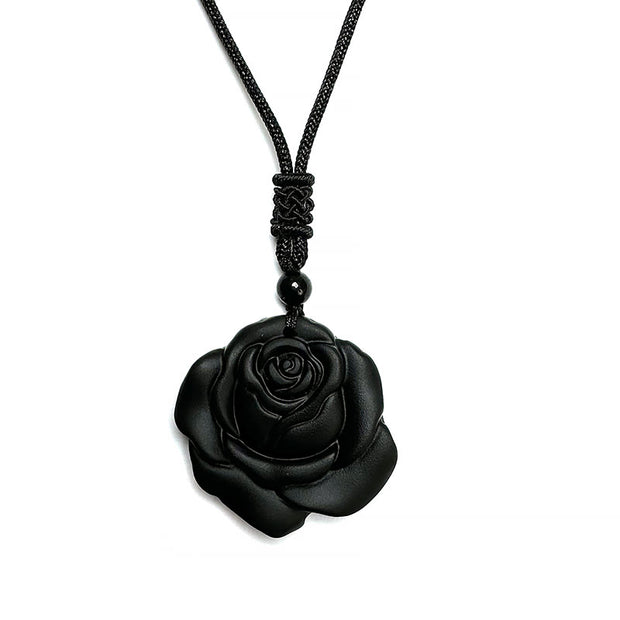 Buddha Stones Black Obsidian String Black Rose Necklace Pendant