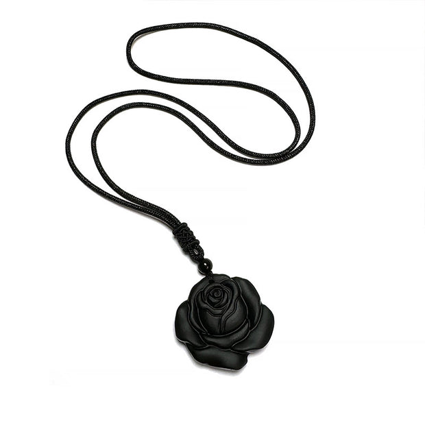 Buddha Stones Black Obsidian String Black Rose Necklace Pendant