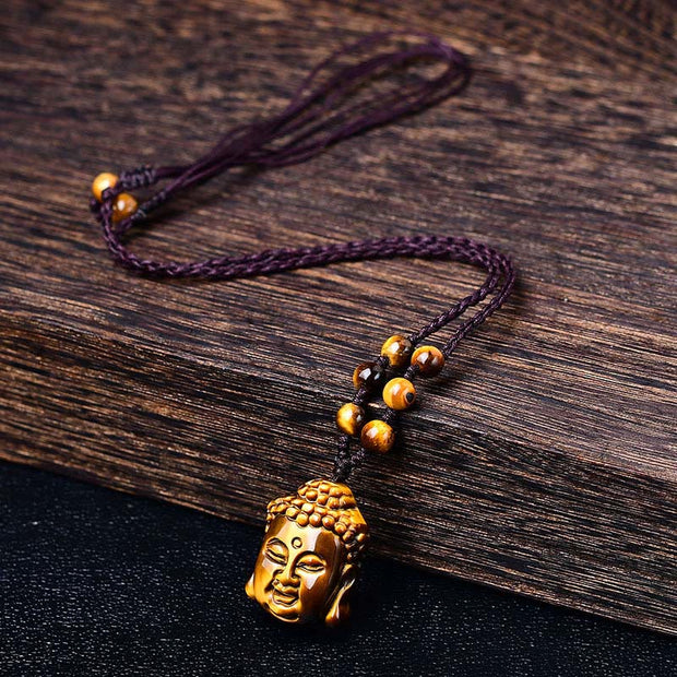 Buddha Stones Tiger Eye String Buddha Head Necklace Pendant