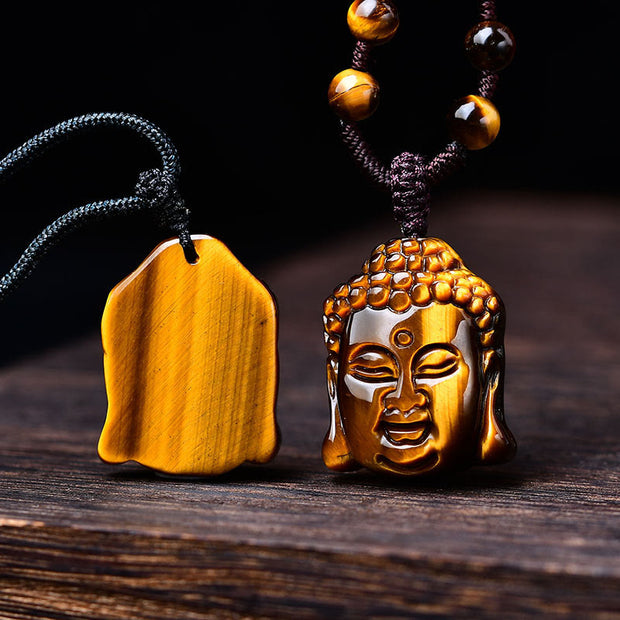 Buddha Stones Tiger Eye String Buddha Head Necklace Pendant