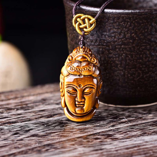 Buddha Stones Tiger Eye Kwan Yin Avalokitesvara Head String Necklace Pendant