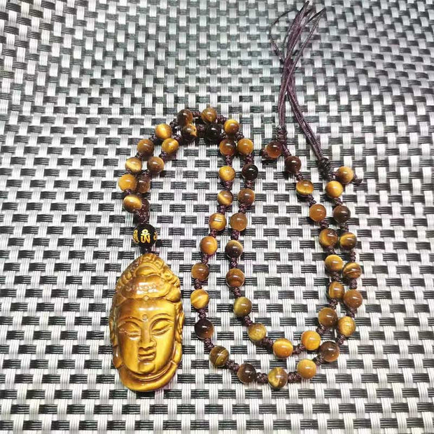 Buddha Stones Tiger Eye Kwan Yin Avalokitesvara Head String Necklace Pendant