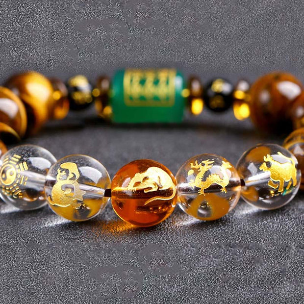 Buddha Stones Chinese Zodiac Tiger Eye White Crystal Courage Bracelet