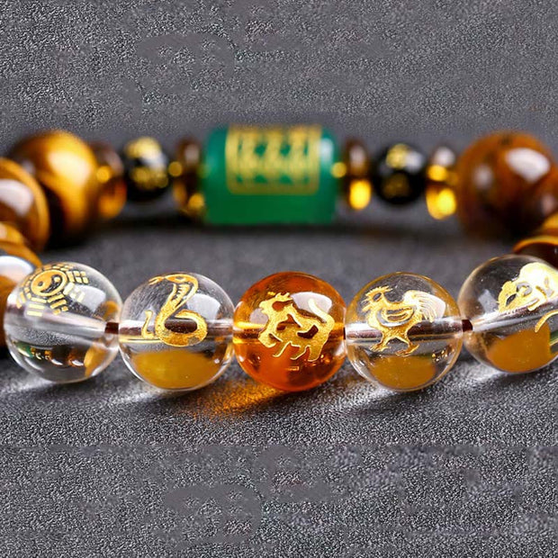 Buddha Stones Chinese Zodiac Tiger Eye White Crystal Courage Bracelet