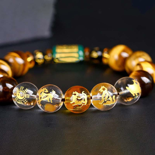 Buddha Stones Chinese Zodiac Tiger Eye White Crystal Courage Bracelet