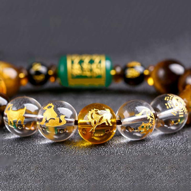 Buddha Stones Chinese Zodiac Tiger Eye White Crystal Courage Bracelet