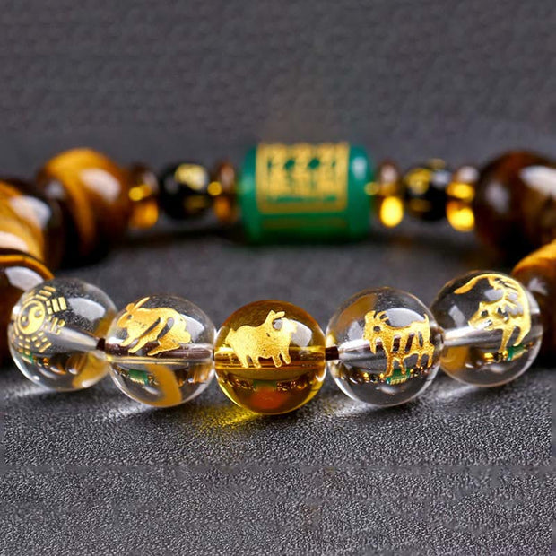 Buddha Stones Chinese Zodiac Tiger Eye White Crystal Courage Bracelet