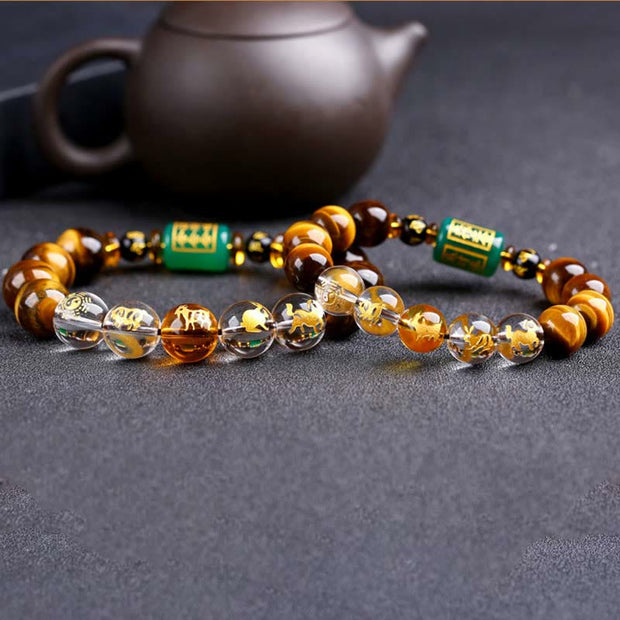 Buddha Stones Chinese Zodiac Tiger Eye White Crystal Courage Bracelet