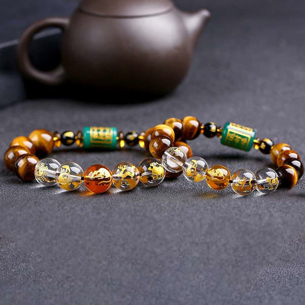 Buddha Stones Chinese Zodiac Tiger Eye White Crystal Courage Bracelet