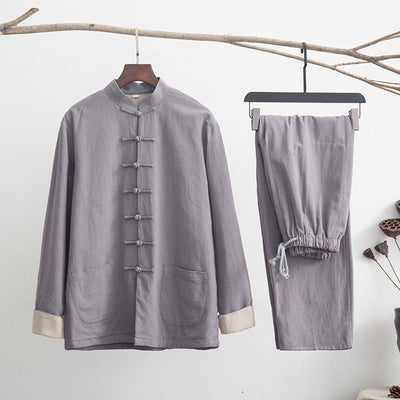 Buddha Stones 2Pcs Zen Tang Suit Men's Linen Frog-Button Long Sleeve Shirt Pants Set Men's Meditation Cloth BS Gray US/UK/AU44，EU54 (4XL)