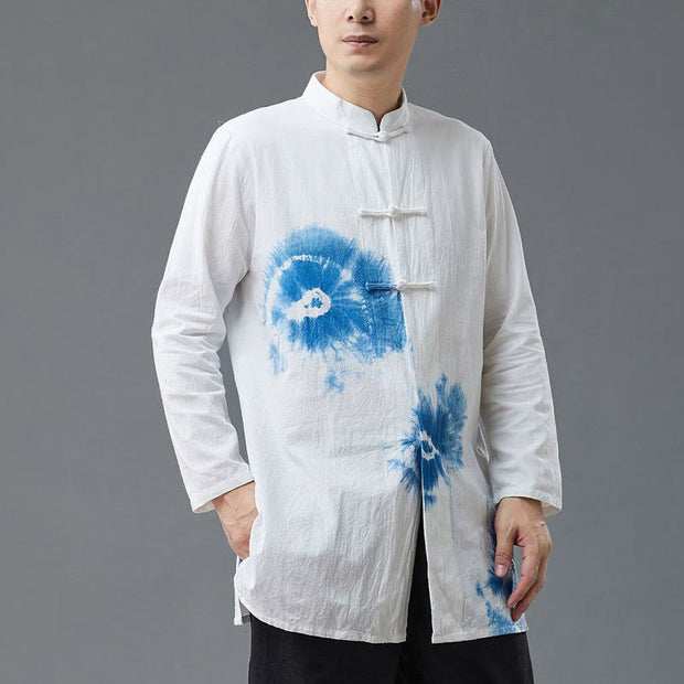 Buddha Stones Men's Frog-Button Chinese Tang Suit Tie Dye Gradient Flowers Shirt Cotton Linen Clothing