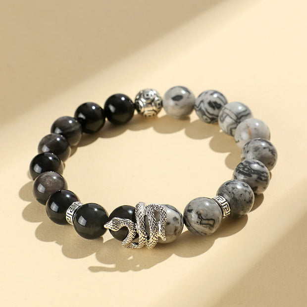 FREE Today: Wealth Protection Natural Silver Sheen Obsidian White Turquoise Grey Jasper Snowflake Obsidian Year Of The Snake Bracelet