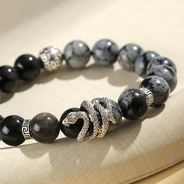 FREE Today: Wealth Protection Natural Silver Sheen Obsidian White Turquoise Grey Jasper Snowflake Obsidian Year Of The Snake Bracelet