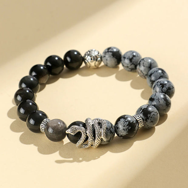 FREE Today: Wealth Protection Natural Silver Sheen Obsidian White Turquoise Grey Jasper Snowflake Obsidian Year Of The Snake Bracelet