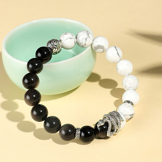 Buddha Stones Natural Silver Sheen Obsidian White Turquoise Grey Jasper Snowflake Obsidian Year Of The Snake Protection Bracelet Bracelet BS 2