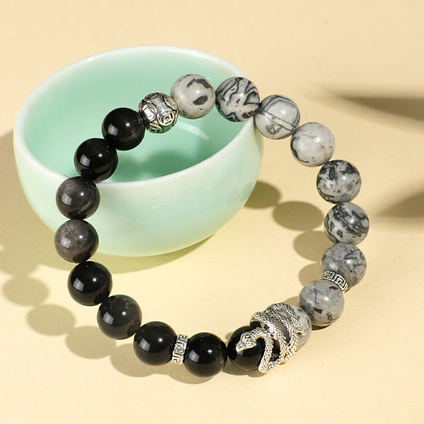 FREE Today: Wealth Protection Natural Silver Sheen Obsidian White Turquoise Grey Jasper Snowflake Obsidian Year Of The Snake Bracelet