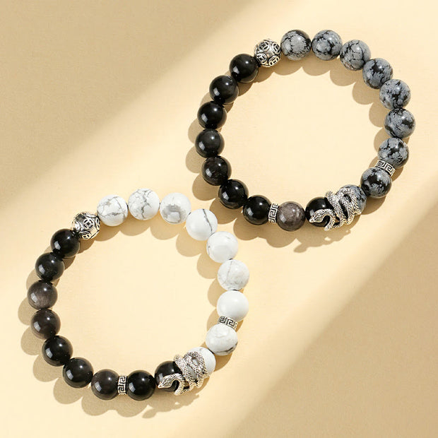 FREE Today: Wealth Protection Natural Silver Sheen Obsidian White Turquoise Grey Jasper Snowflake Obsidian Year Of The Snake Bracelet