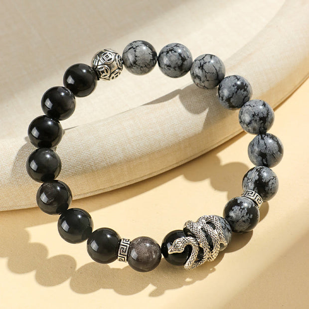 Buddha Stones Natural Silver Sheen Obsidian White Turquoise Grey Jasper Snowflake Obsidian Year Of The Snake Protection Bracelet