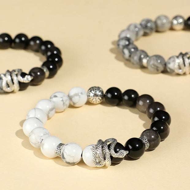 Buddha Stones Natural Silver Sheen Obsidian White Turquoise Grey Jasper Snowflake Obsidian Year Of The Snake Protection Bracelet Bracelet BS main