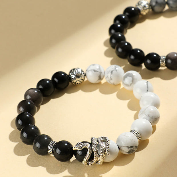 FREE Today: Wealth Protection Natural Silver Sheen Obsidian White Turquoise Grey Jasper Snowflake Obsidian Year Of The Snake Bracelet