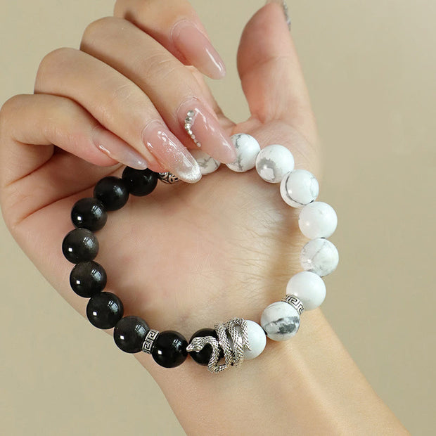 FREE Today: Wealth Protection Natural Silver Sheen Obsidian White Turquoise Grey Jasper Snowflake Obsidian Year Of The Snake Bracelet