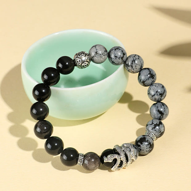 FREE Today: Wealth Protection Natural Silver Sheen Obsidian White Turquoise Grey Jasper Snowflake Obsidian Year Of The Snake Bracelet