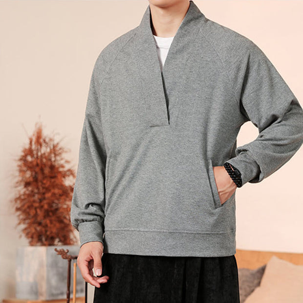 Buddha Stones Fall Simple V-Neck Men's Sweatshirt Cotton Pullover With Pockets