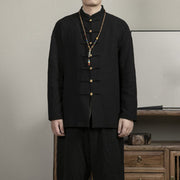 Buddha Stones Casual Frog-Button Tang Suit Jacquard Linen Men's Shirt