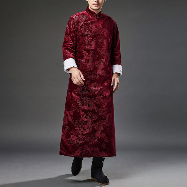 Buddha Stones Vintage Fall Winter Chinese Frog-Button Tang Suit Men's Dragon Jacquard Robe With Pockets