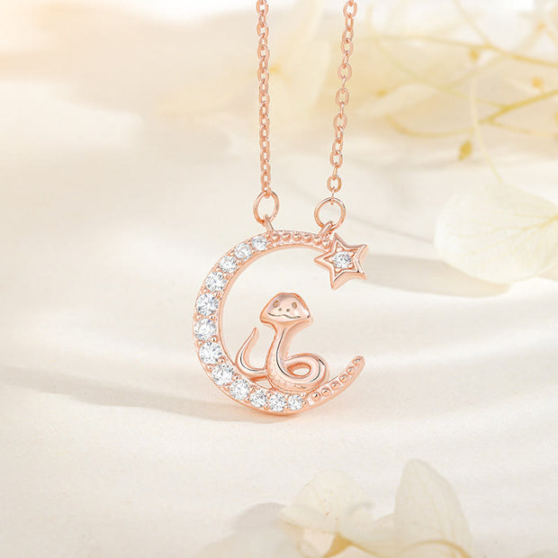 Buddha Stones 925 Sterling Silver Moon Snake Year Of The Snake Blessing Necklace Pendant Necklaces & Pendants BS Rose Gold Moon Snake