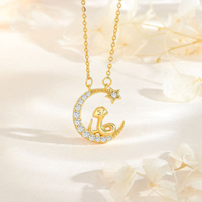 Buddha Stones 925 Sterling Silver Moon Snake Year Of The Snake Blessing Necklace Pendant Necklaces & Pendants BS Golden Moon Snake