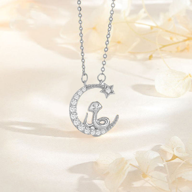 Buddha Stones 925 Sterling Silver Moon Snake Year Of The Snake Blessing Necklace Pendant Necklaces & Pendants BS Platinum Moon Snake