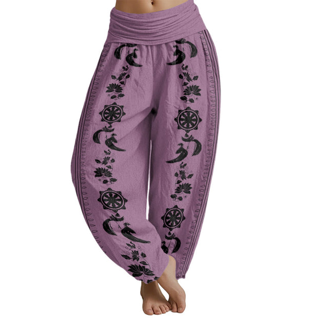 Buddha Stones Dharma Wheel Lotus OM Pattern Women's Elastic Waist Harem Pants