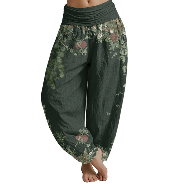 Buddha Stones Casual Red Peony Flower Vine Design Women's Elastic Waist Harem Pants