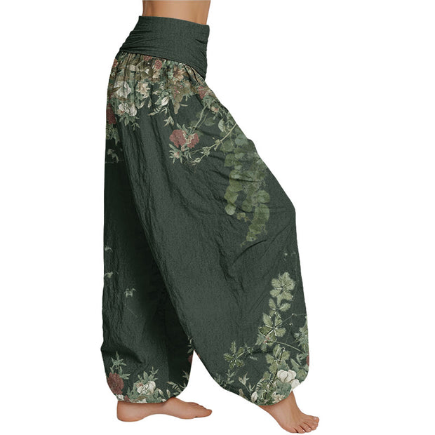 Buddha Stones Casual Red Peony Flower Vine Design Women's Elastic Waist Harem Pants