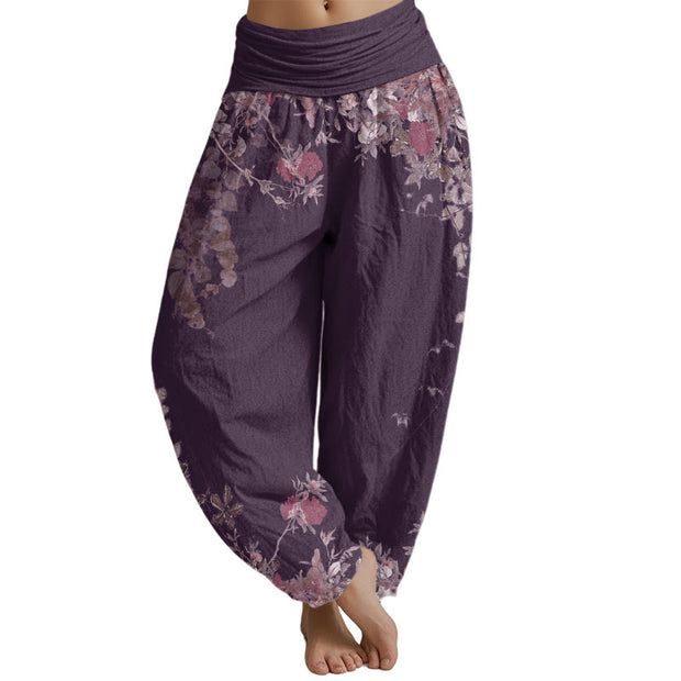 Buddha Stones Casual Red Peony Flower Vine Design Women's Elastic Waist Harem Pants