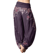 Buddha Stones Casual Red Peony Flower Vine Design Women's Elastic Waist Harem Pants