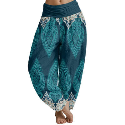 Buddha Stones Casual Feather Flower Design Women's Elastic Waist Harem Pants