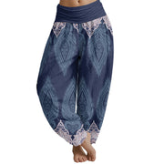 Buddha Stones Casual Feather Flower Design Women's Elastic Waist Harem Pants