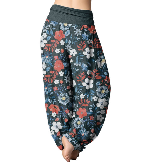 Buddha Stones Casual Red White Flower Dandelion Design Women's Elastic Waist Harem Pants