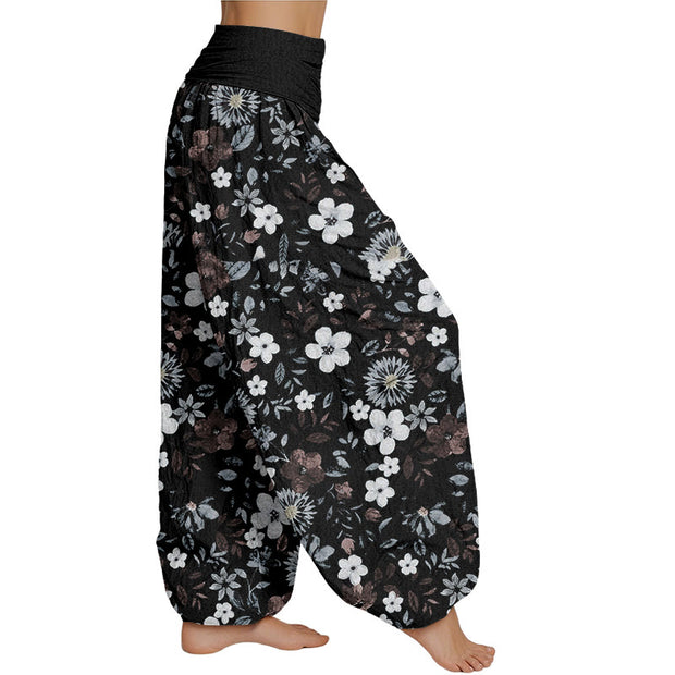 Buddha Stones Casual Red White Flower Dandelion Design Women's Elastic Waist Harem Pants