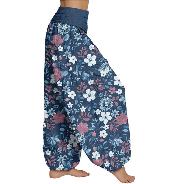 Buddha Stones Casual Red White Flower Dandelion Design Women's Elastic Waist Harem Pants