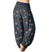 Buddha Stones Casual New York Aster Flowers Leaves Design Women's Elastic Waist Harem Pants