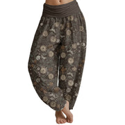 Buddha Stones Casual New York Aster Flowers Leaves Design Women's Elastic Waist Harem Pants