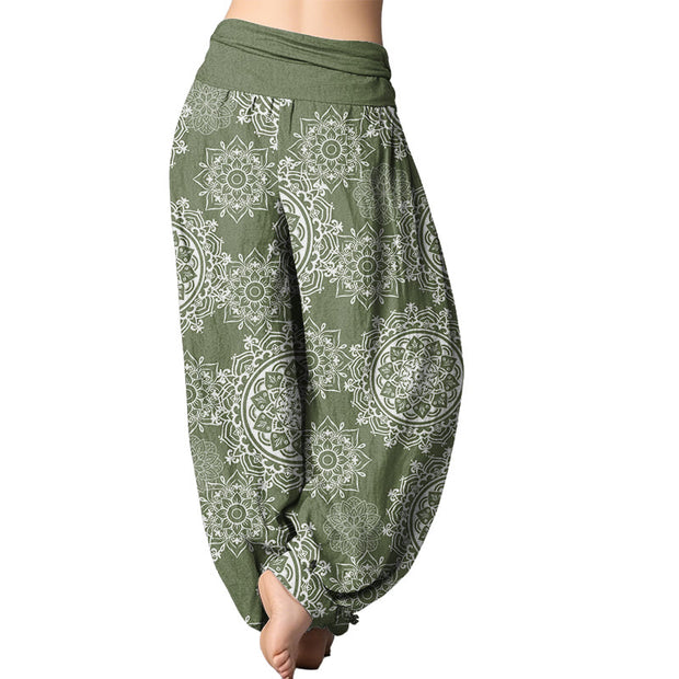 Buddha Stones Casual White Mandala Flower Design Women's Elastic Waist Harem Pants